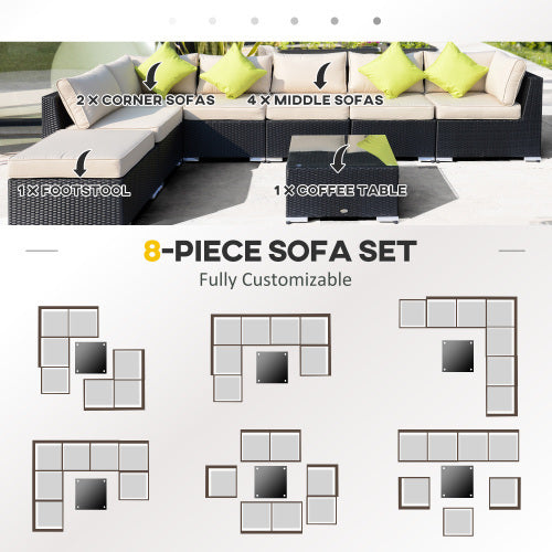 Rattan Garden Furniture Set With Glass Top Table, 8 Piece