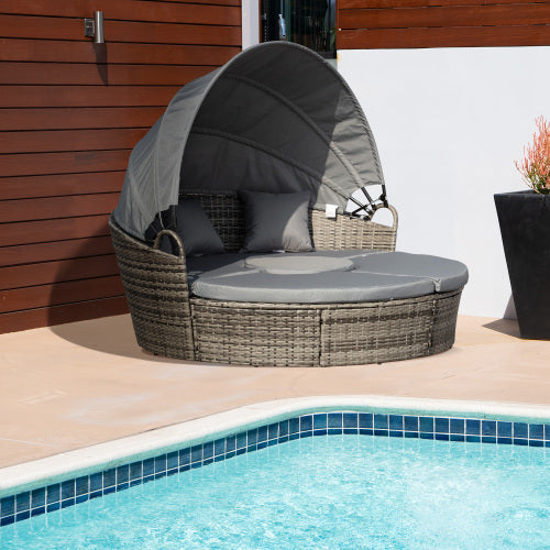 Round Daybed With Retractable Canopy, With Three Pillows, Dark Grey