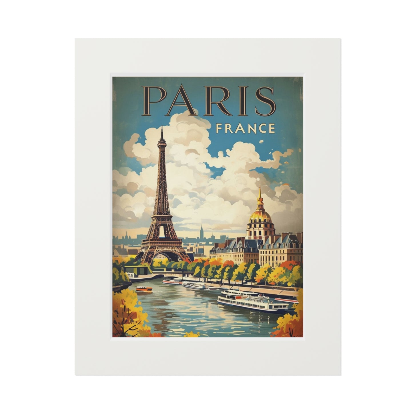 Paris Vintage Destination Print, Fine Art Decor, Passepartout Paper Frame, Travel Poster, French Wall Art, Eiffel Tower, vintage poster art