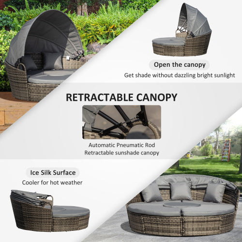 Round Daybed With Retractable Canopy, With Three Pillows, Dark Grey