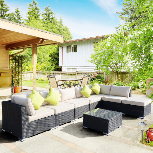 Rattan Garden Furniture Set With Glass Top Table, 8 Piece