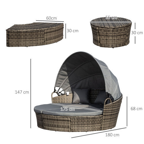 Round Daybed With Retractable Canopy, With Three Pillows, Dark Grey