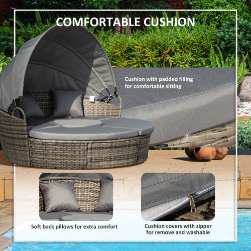 Round Daybed With Retractable Canopy, With Three Pillows, Dark Grey