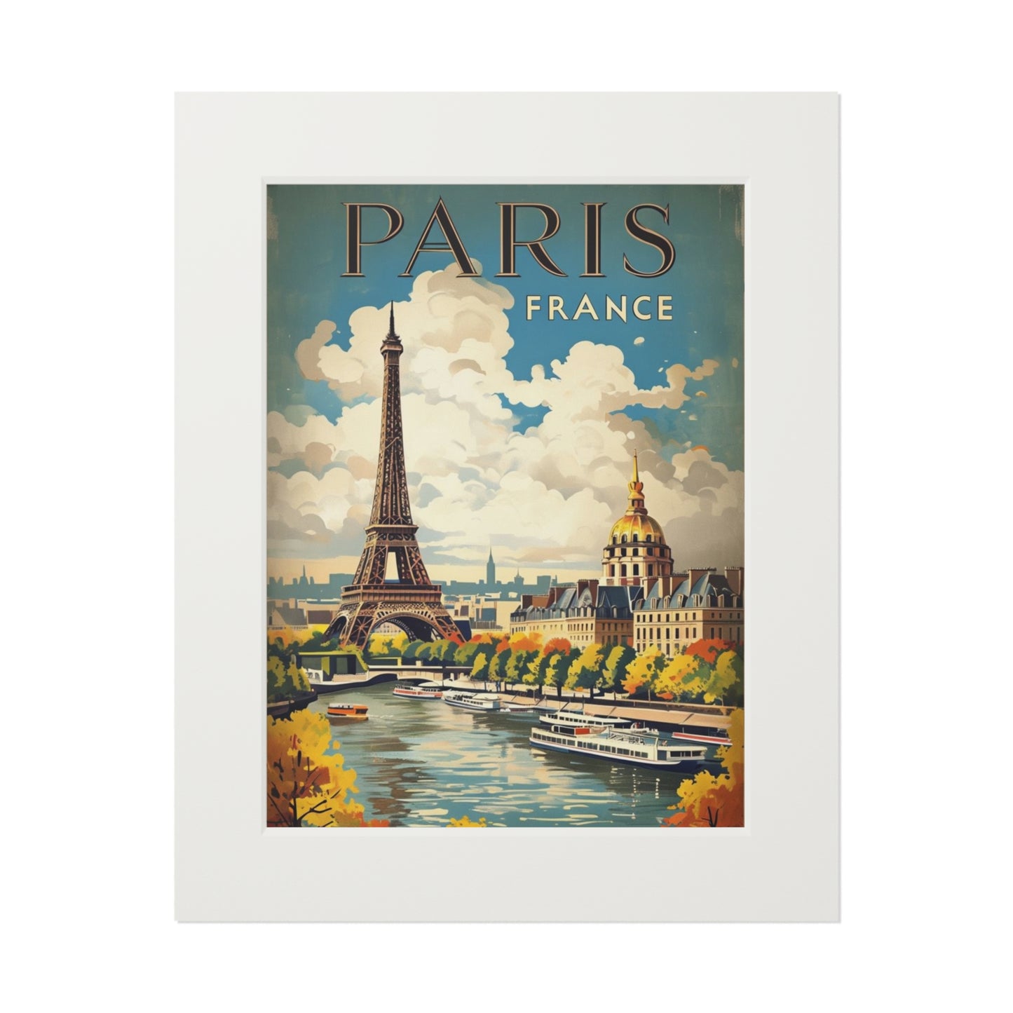 Paris Vintage Destination Print, Fine Art Decor, Passepartout Paper Frame, Travel Poster, French Wall Art, Eiffel Tower, vintage poster art