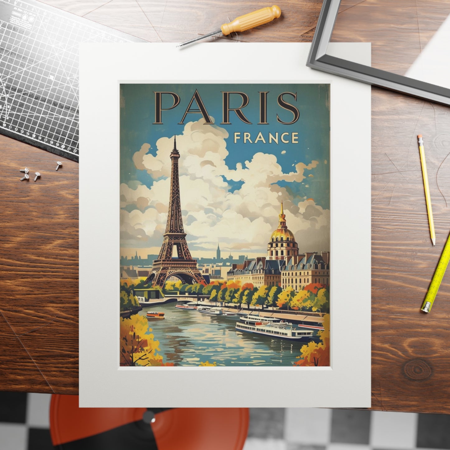 Paris Vintage Destination Print, Fine Art Decor, Passepartout Paper Frame, Travel Poster, French Wall Art, Eiffel Tower, vintage poster art