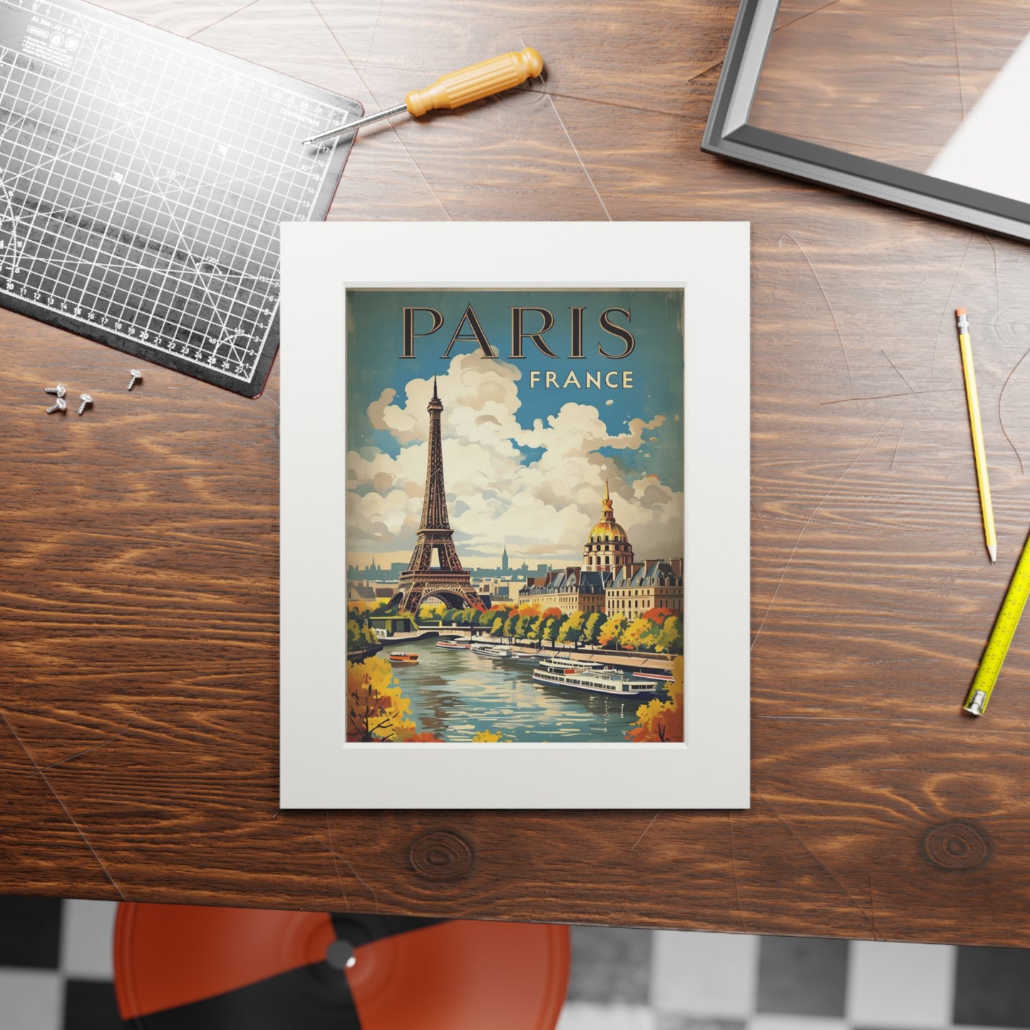 Paris Vintage Destination Print, Fine Art Decor, Passepartout Paper Frame, Travel Poster, French Wall Art, Eiffel Tower, vintage poster art